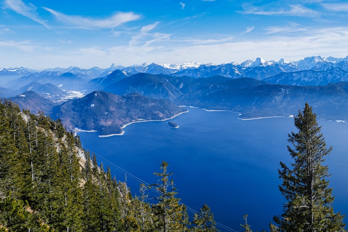 Vista desde el Herzogstand sobre el lago Walchensee y las montañas que lo rodean